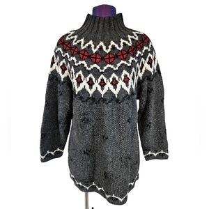 Moda Int'l Burgundy & Gray Nordic Fair Isle Mock Neck Sweater Women's Medium D47